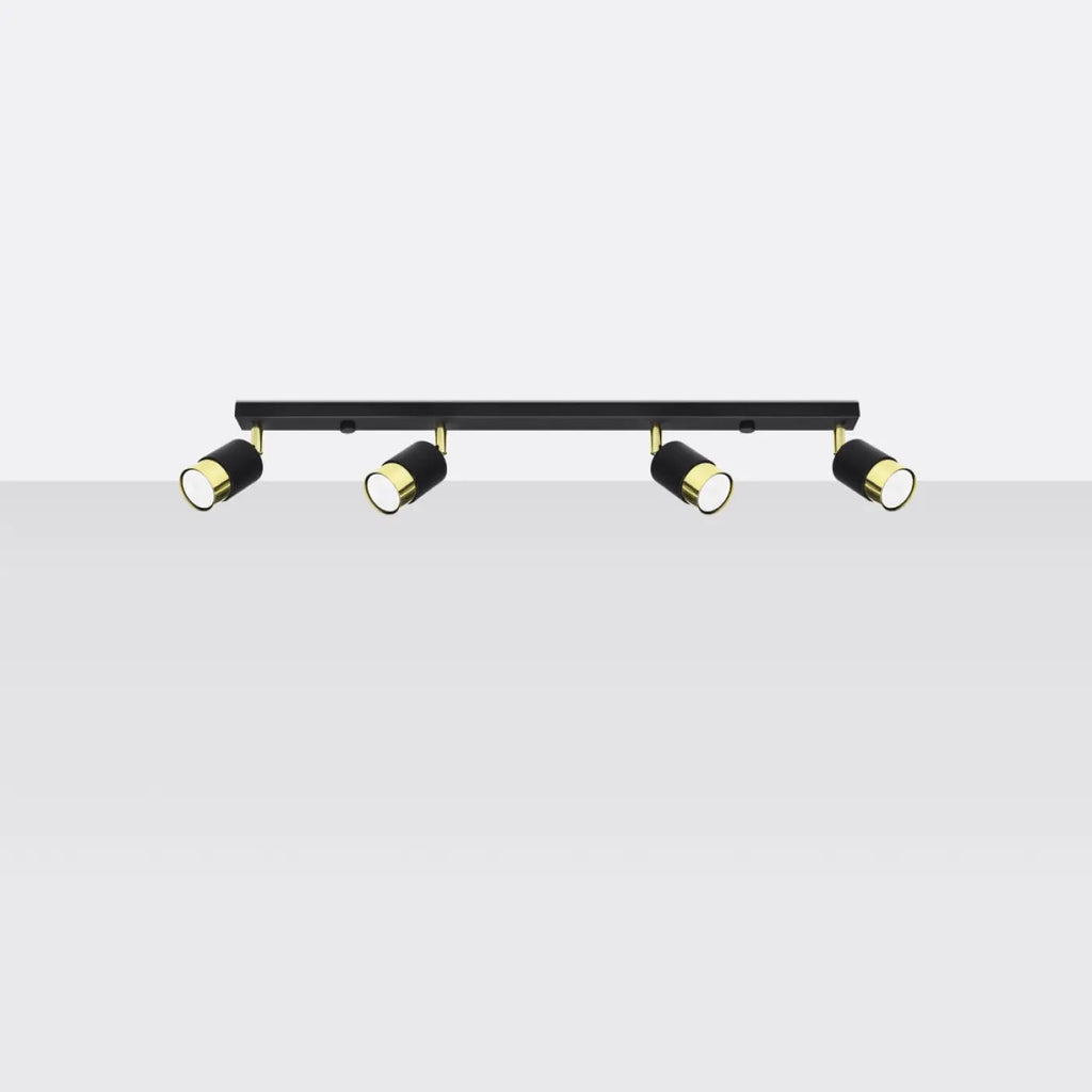 Plafonnier barre 4 spots orientables noir à bagues dorées, 81 cm
