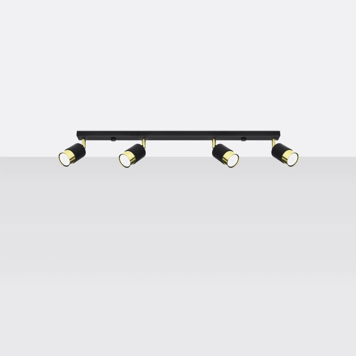 Plafonnier barre 4 spots orientables noir à bagues dorées, 81 cm