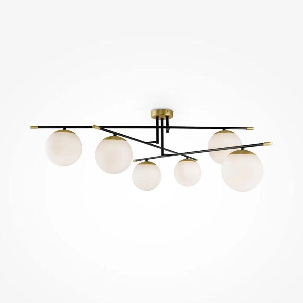 Plafonnier XXL à six globes opalins, acier noir et doré, 115 cm