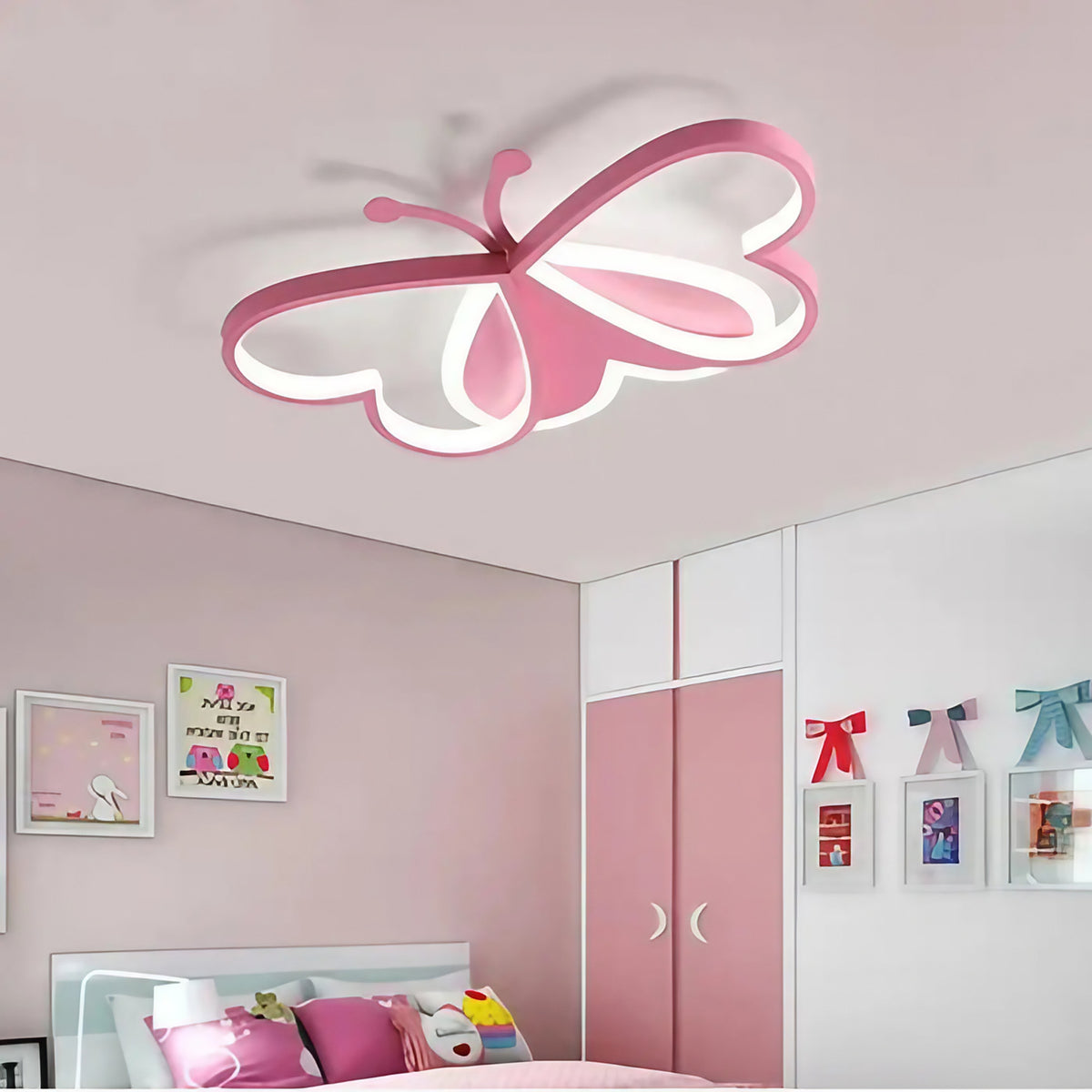 Plafonnier LED en forme de papillon rose, chambre de fille
