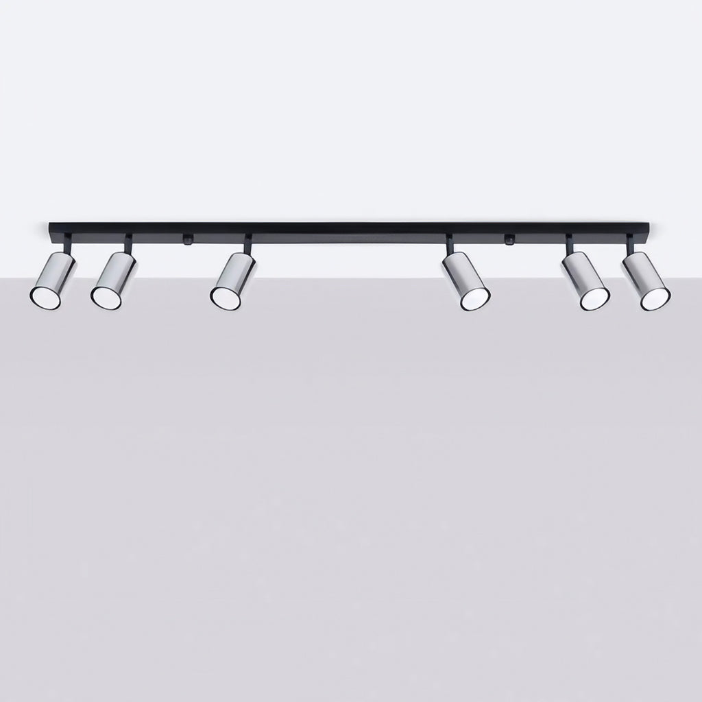 Plafonnier 6 spots orientables noir et chrome, rampe de 118 cm
