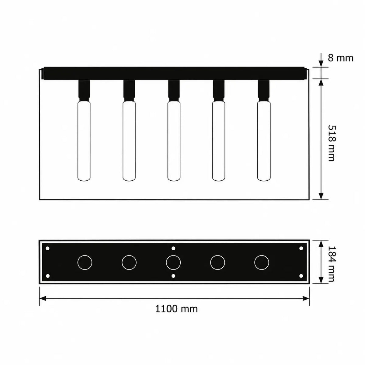 Plafonnier long en cage à 5 ampoules, acier noir et marbre, 110 cm