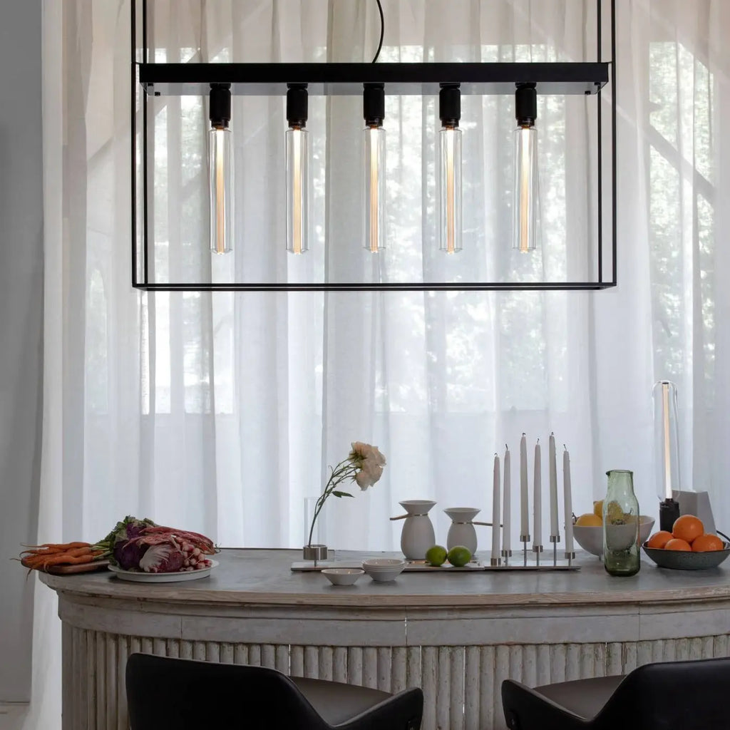Plafonnier long en cage à 5 ampoules, acier noir et marbre, 110 cm