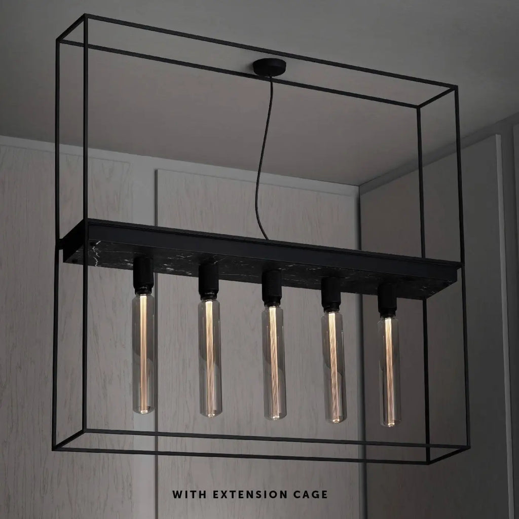 Plafonnier long en cage à 5 ampoules, acier noir et marbre, 110 cm