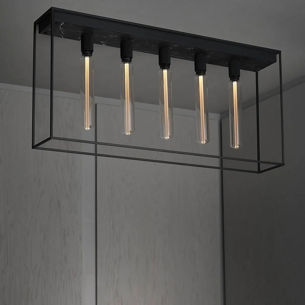 Plafonnier long en cage à 5 ampoules, acier noir et marbre, 110 cm, noir