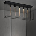 Plafonnier long en cage à 5 ampoules, acier noir et marbre, 110 cm, noir