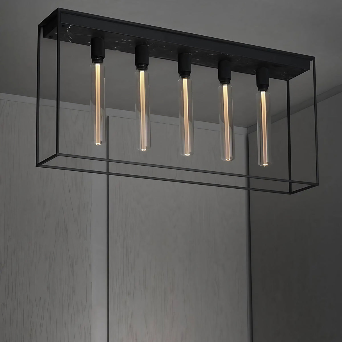 Plafonnier long en cage à 5 ampoules, acier noir et marbre, 110 cm, noir