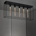 Plafonnier long en cage à 5 ampoules, acier noir et marbre, 110 cm, noir