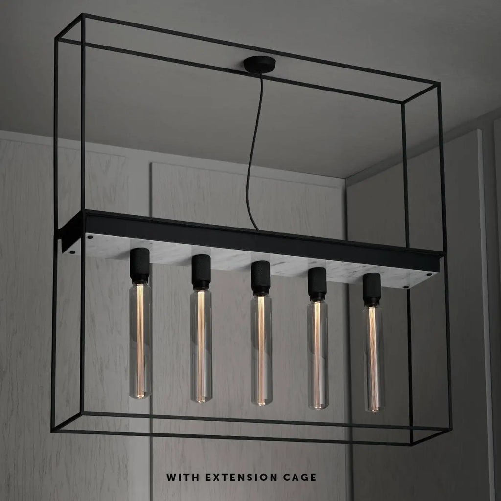 Plafonnier long en cage à 5 ampoules, acier noir et marbre, 110 cm