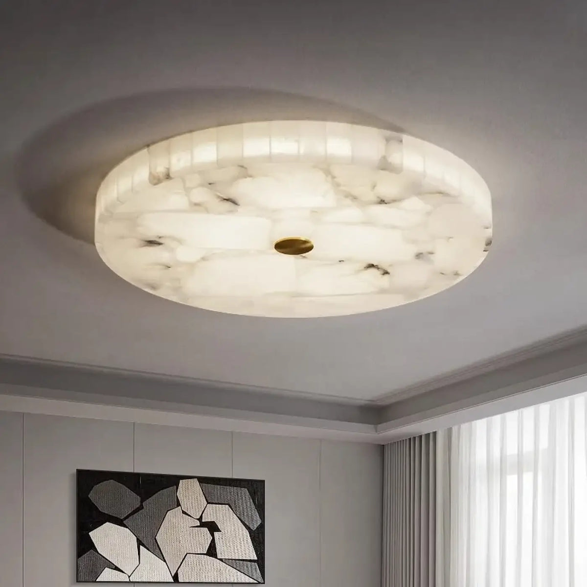 Plafonnier rond en albâtre, aspect marbre blanc, S ou M