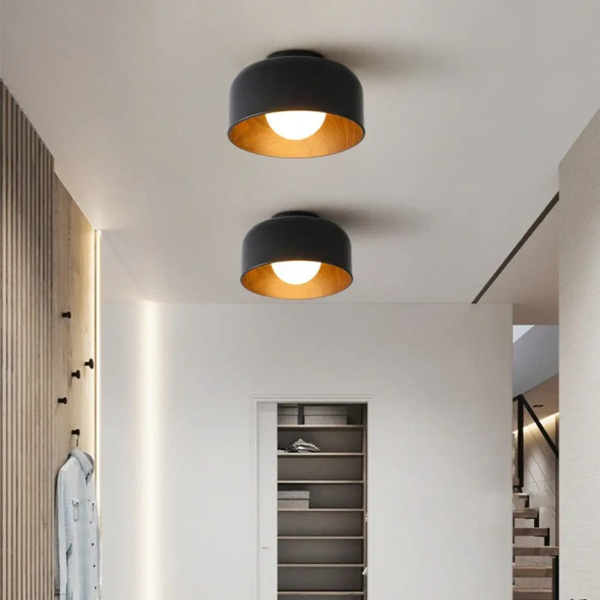 Plafonnier rond à intérieur en bois, noir ou blanc