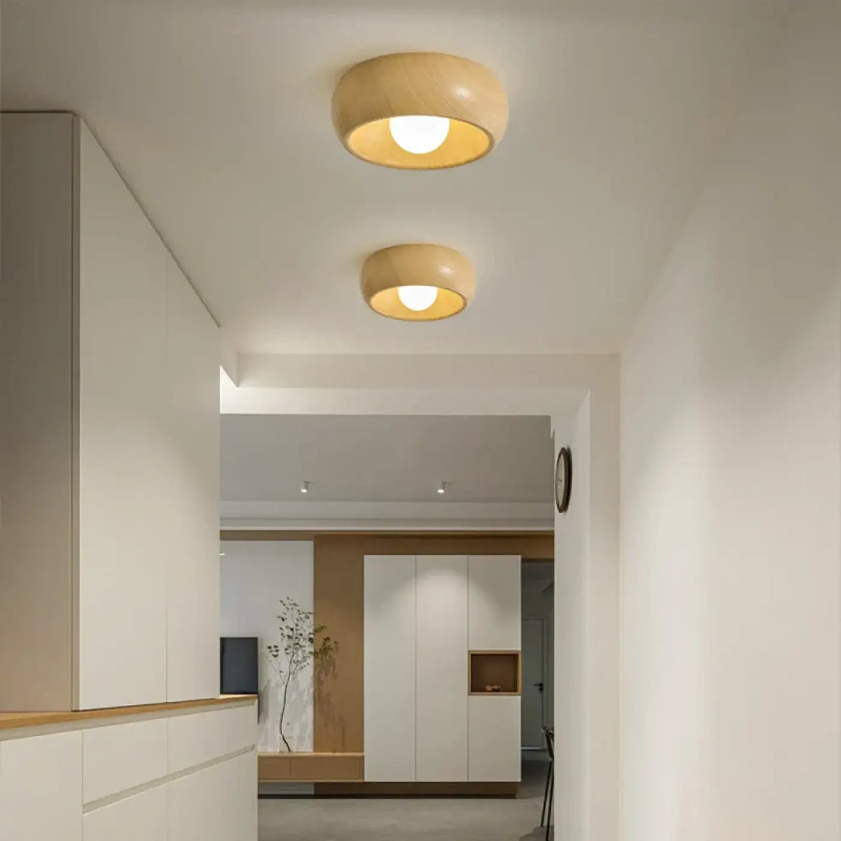 Plafonnier rond en bois deux tons pour couloir, beige ou marron, beige
