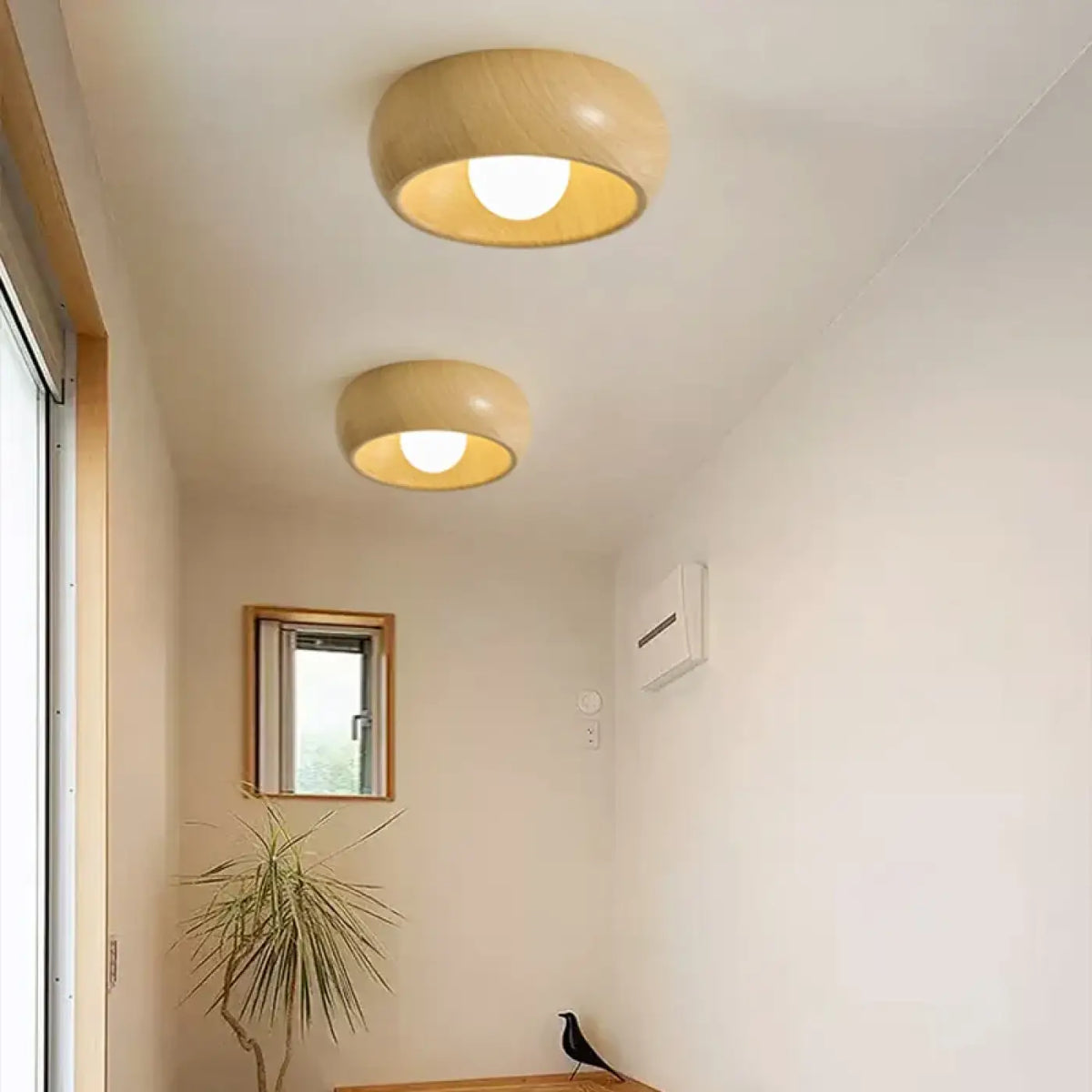 Plafonnier rond en bois deux tons pour couloir, beige ou marron