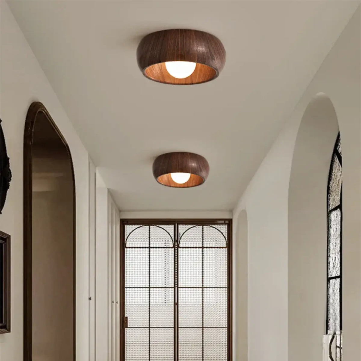 Plafonnier rond en bois deux tons pour couloir, beige ou marron