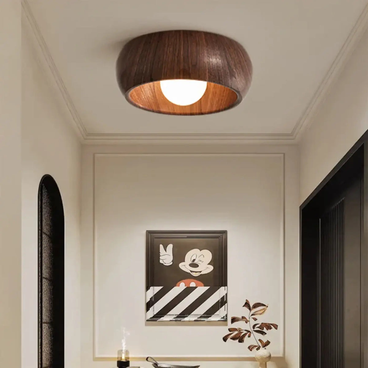 Plafonnier rond en bois deux tons pour couloir, beige ou marron