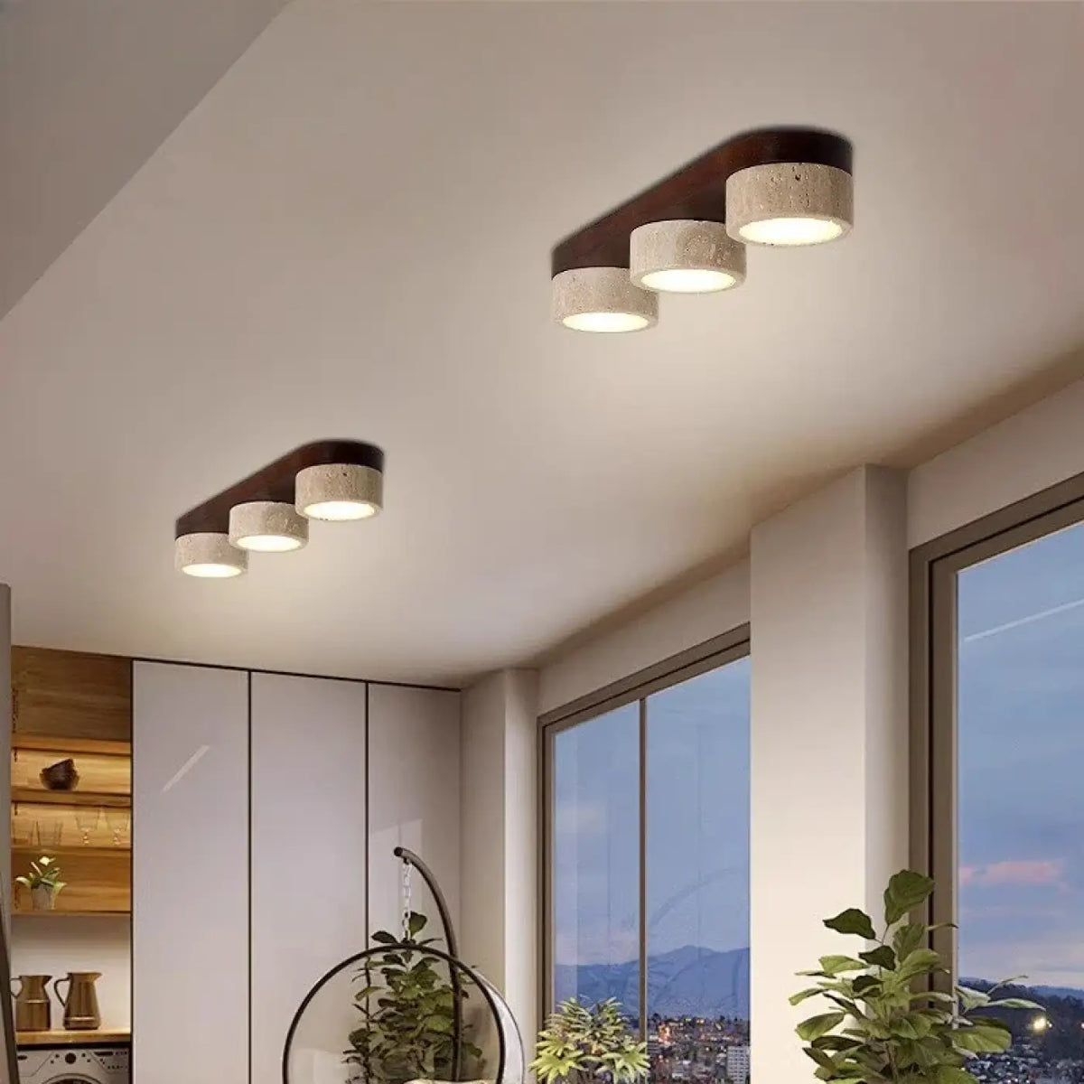 Plafonnier rond bois et pierre, une, trois ou quatre lampes