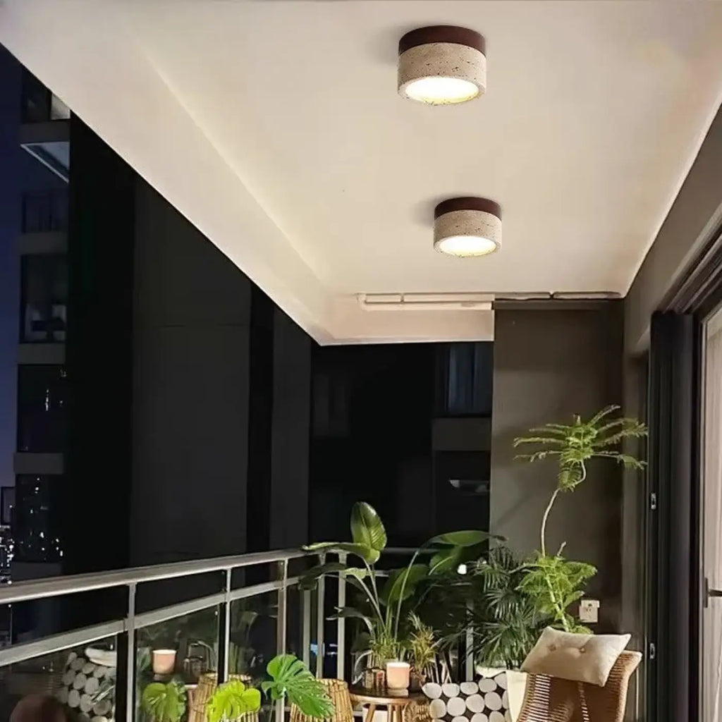 Plafonnier rond bois et pierre, une, trois ou quatre lampes