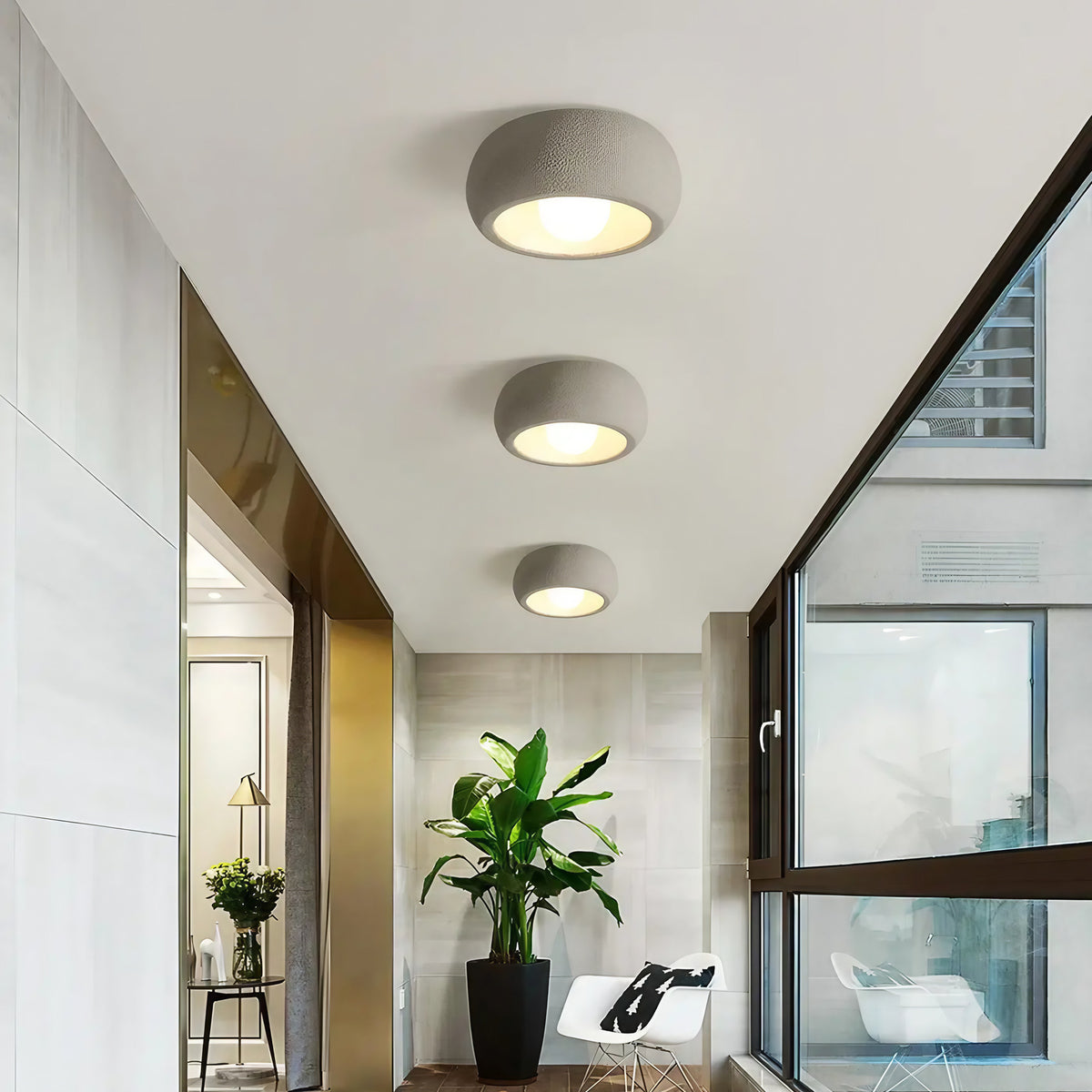 Plafonnier rond moderne, blanc ou gris, couloir ou salon