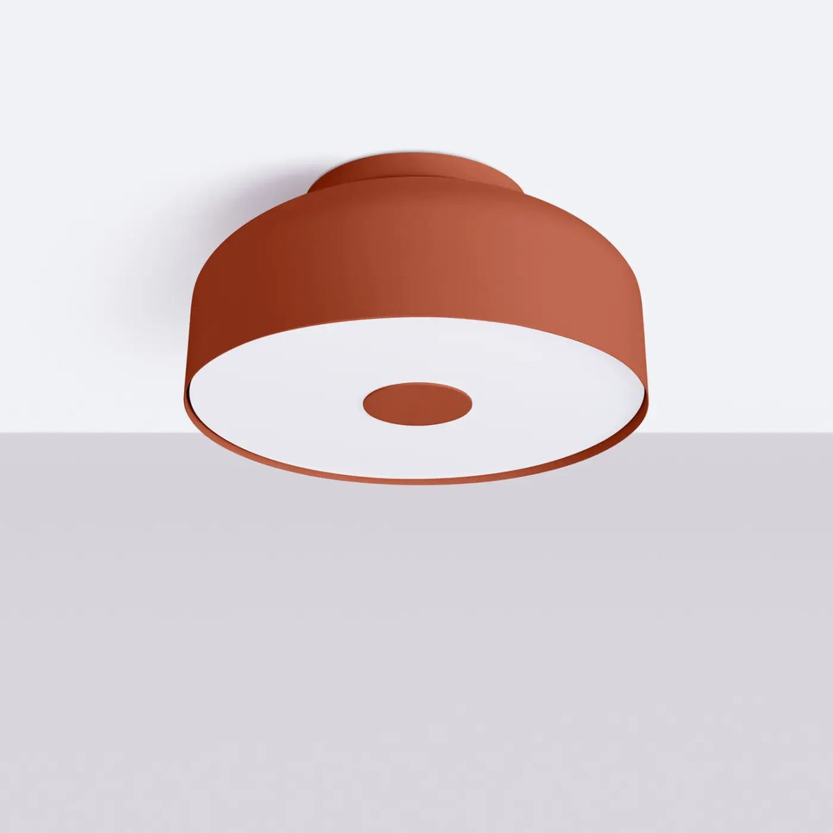 Plafonnier rond en acier coloré à diffuseur laiteux, 4 ampoules, rouge ocre