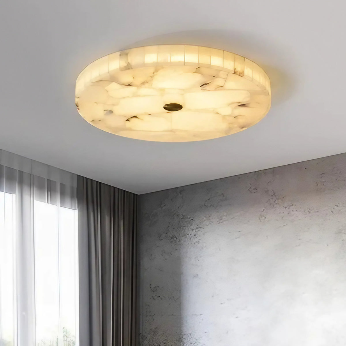 Plafonnier rond en albâtre, aspect marbre blanc, S ou M