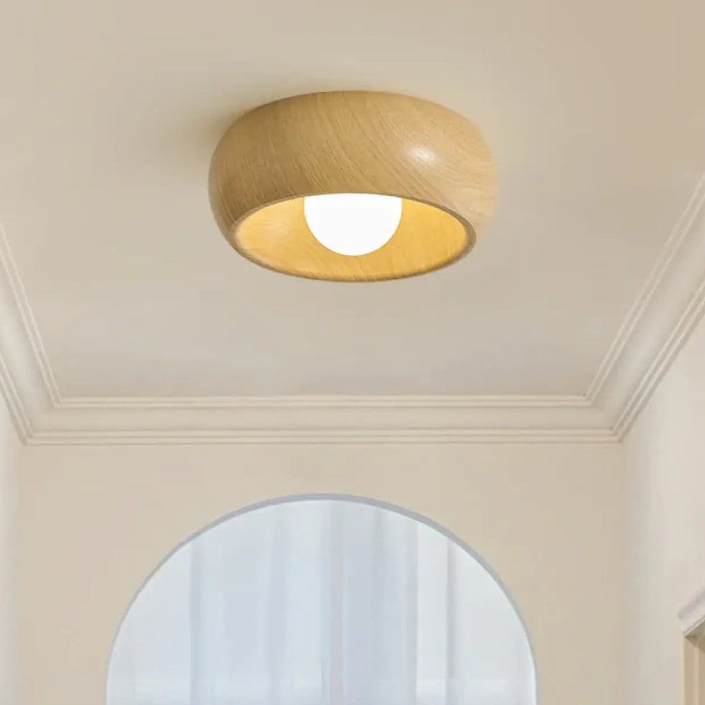 Plafonnier rond en bois deux tons pour couloir, beige ou marron