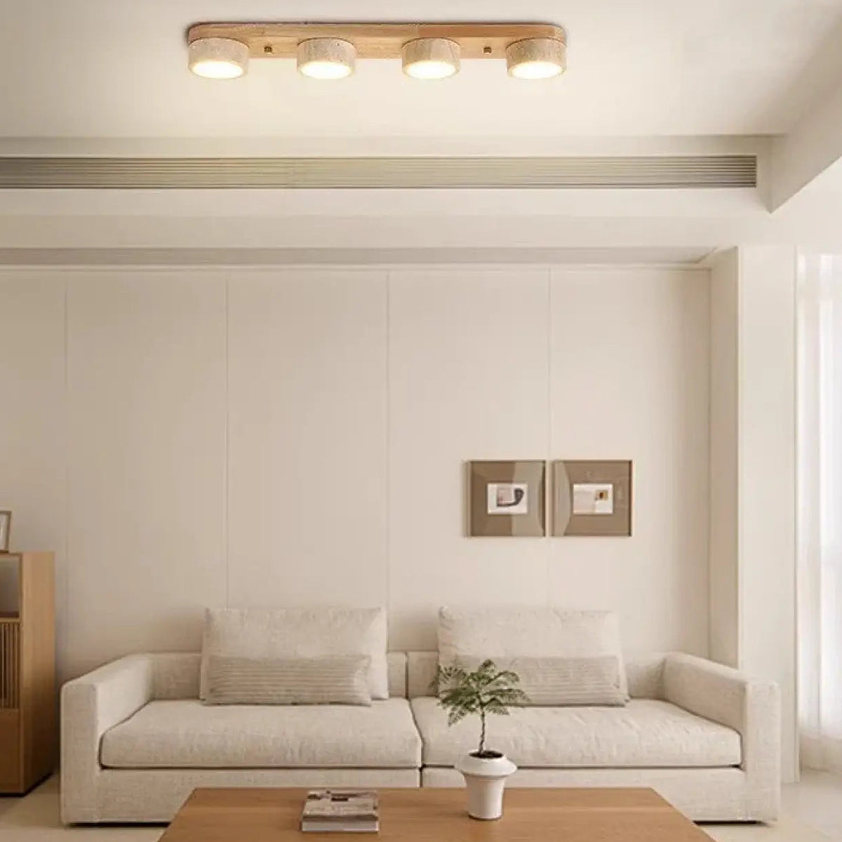 Plafonnier rond bois et pierre, une, trois ou quatre lampes