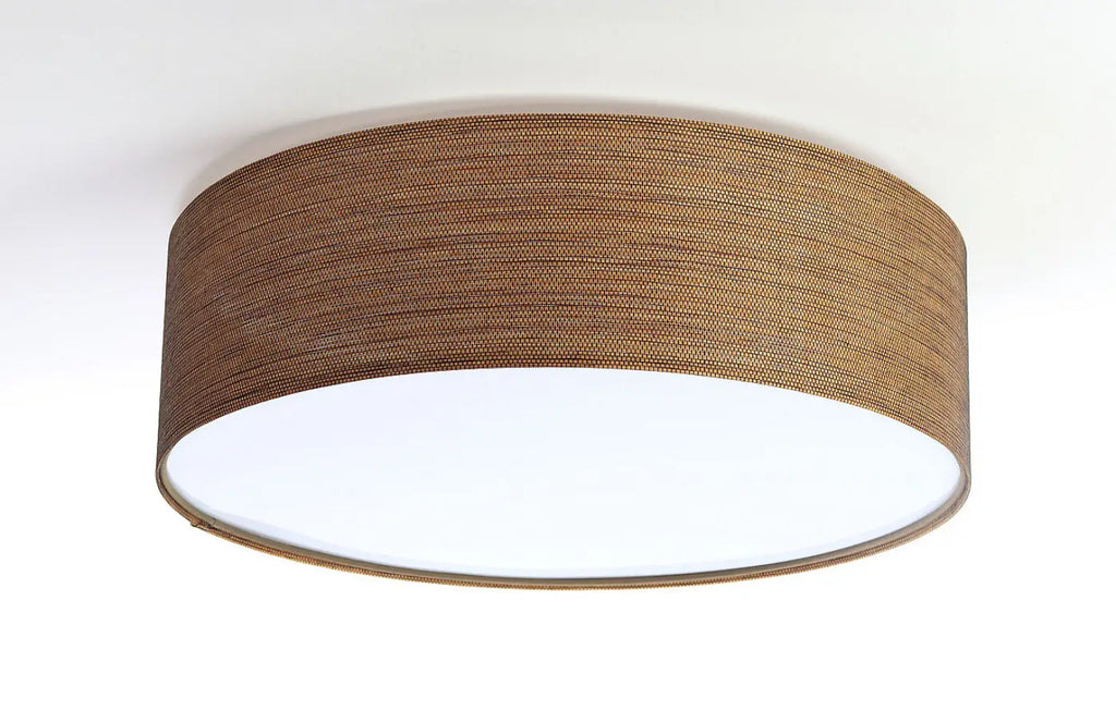 Plafonnier rond en tissu marron miel, aspect paille tressée
