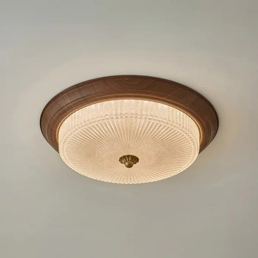 Plafonnier rond en verre texturé, finition bois