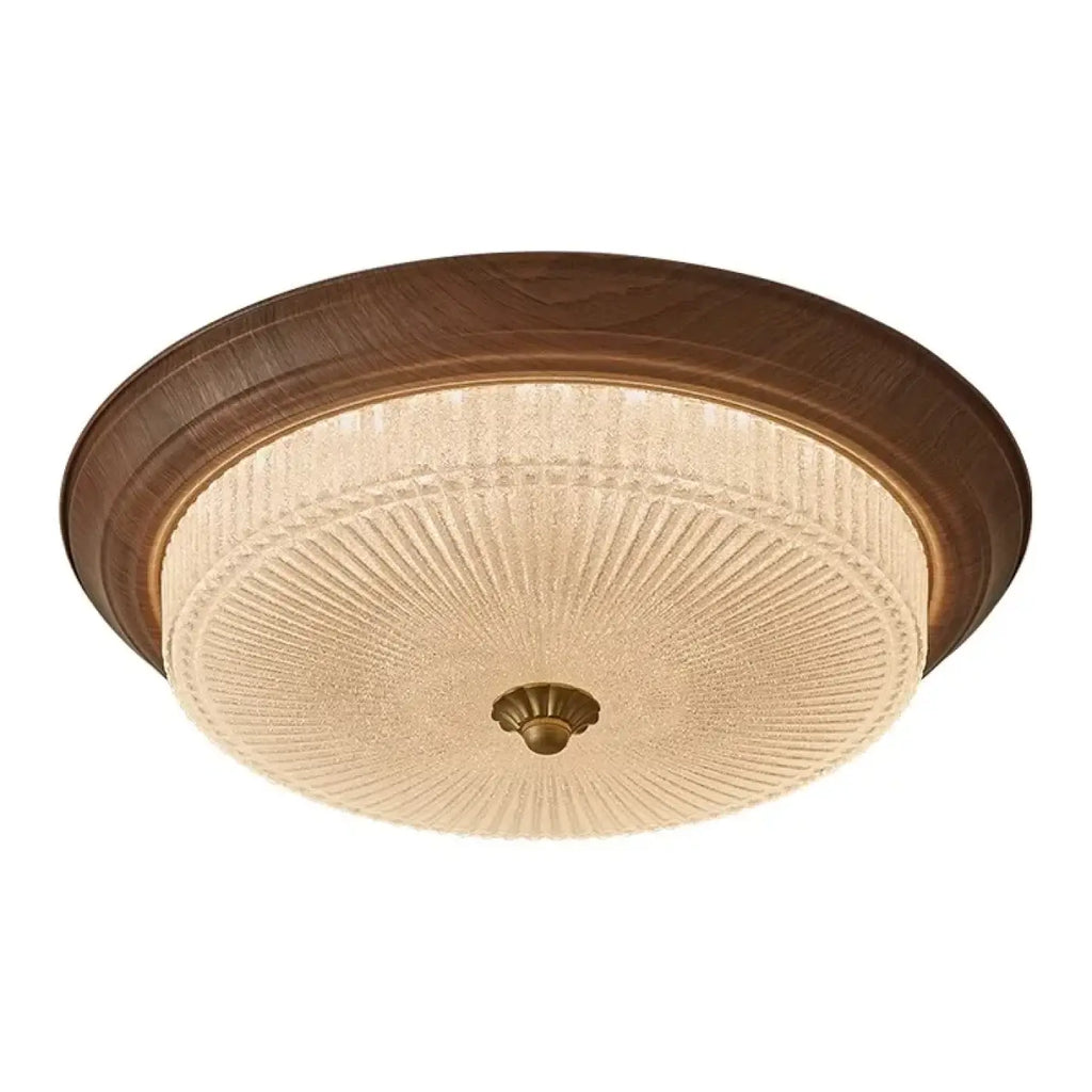 Plafonnier rond en verre texturé, finition bois