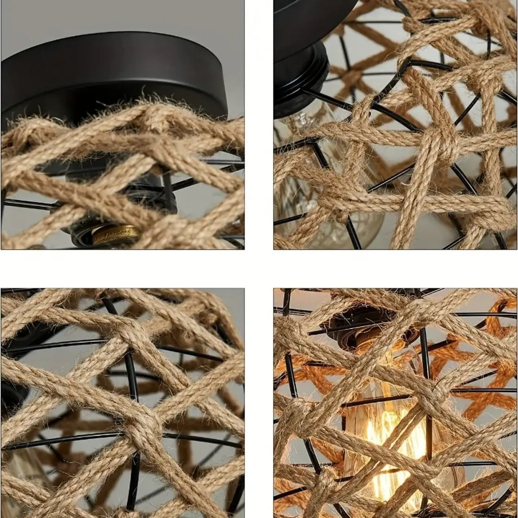 Plafonnier en corde tressée et métal, style bohème
