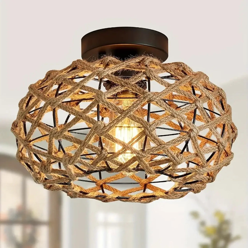 Plafonnier en corde tressée et métal, style bohème