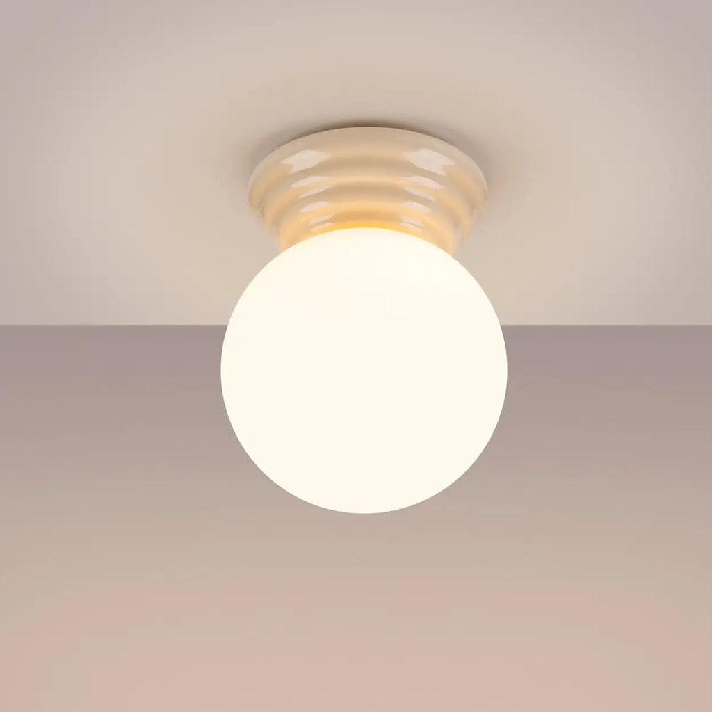 Plafonnier céramique émaillée et globe en verre, IP44, sept couleurs