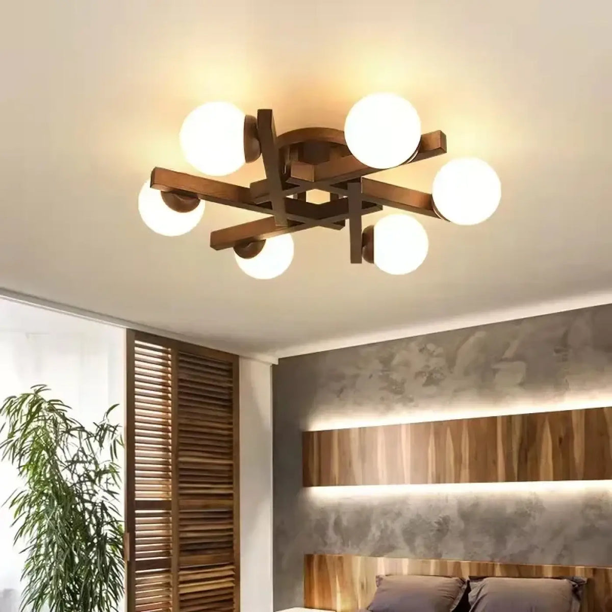 Plafonnier scandinave en bois à globes blancs, tailles S à L, marron