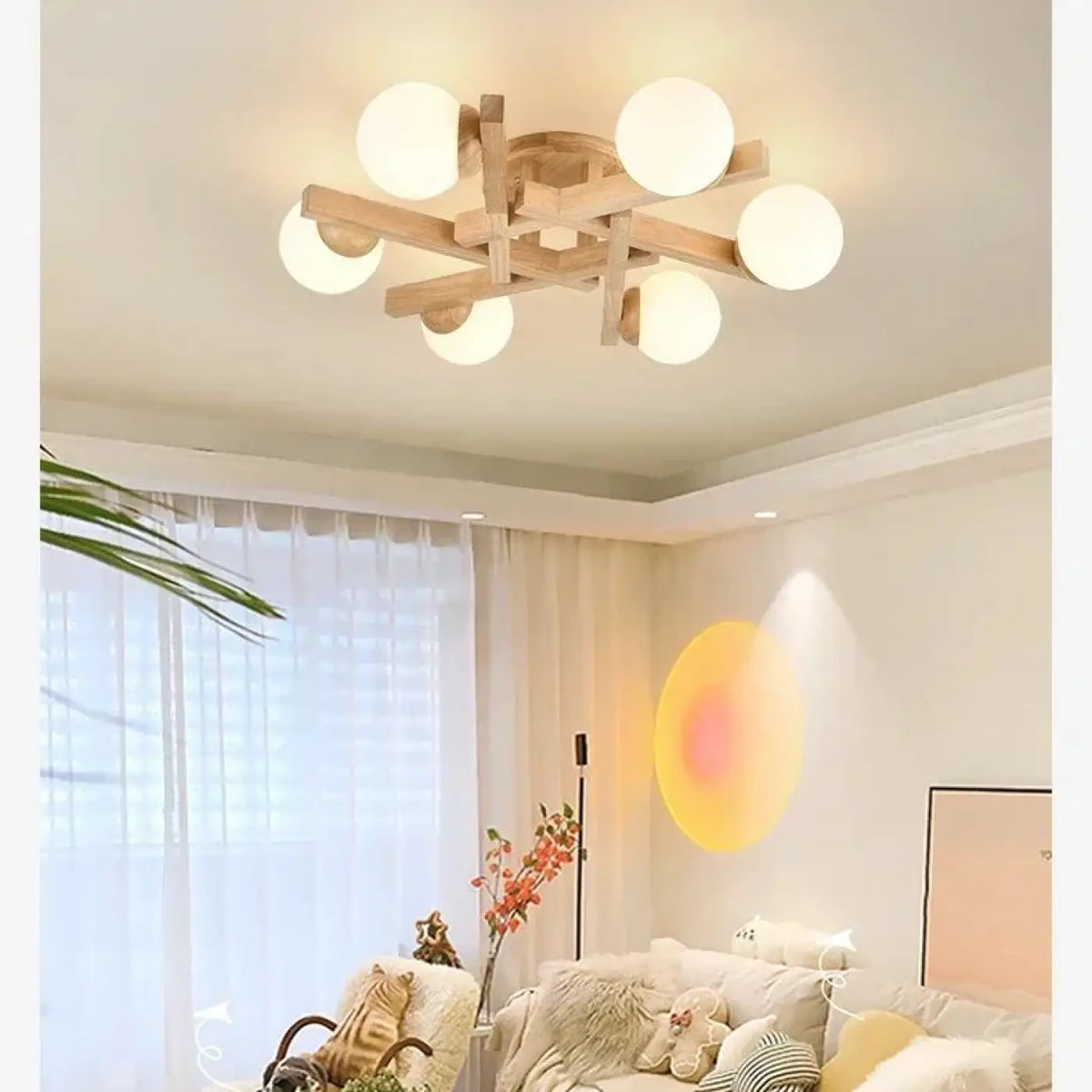 Plafonnier scandinave en bois à globes blancs, tailles S à L, beige