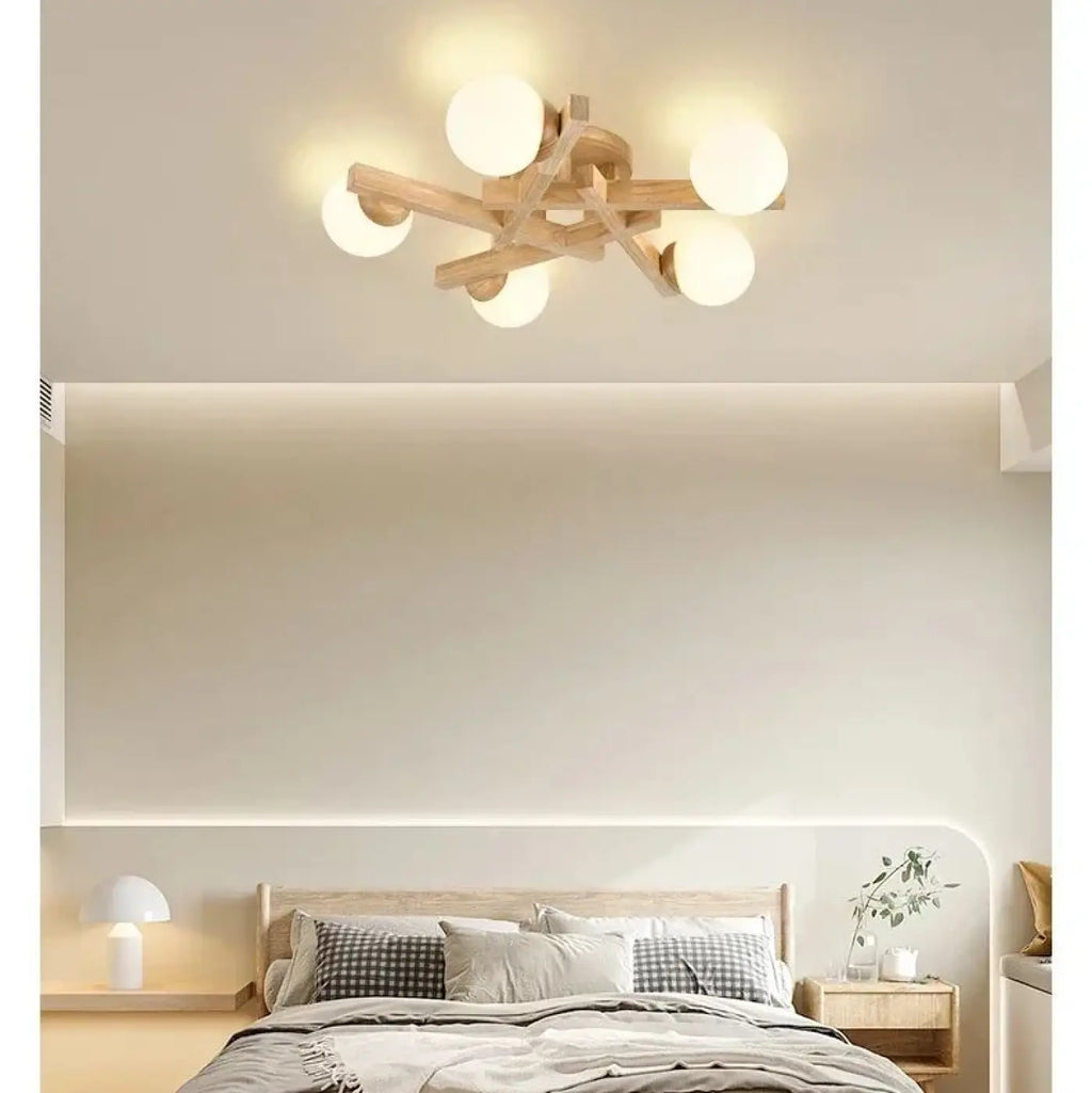 Plafonnier scandinave en bois à globes blancs, tailles S à L, beige