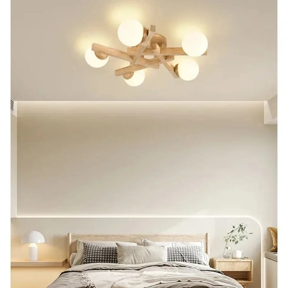 Plafonnier scandinave en bois à globes blancs, tailles S à L, beige