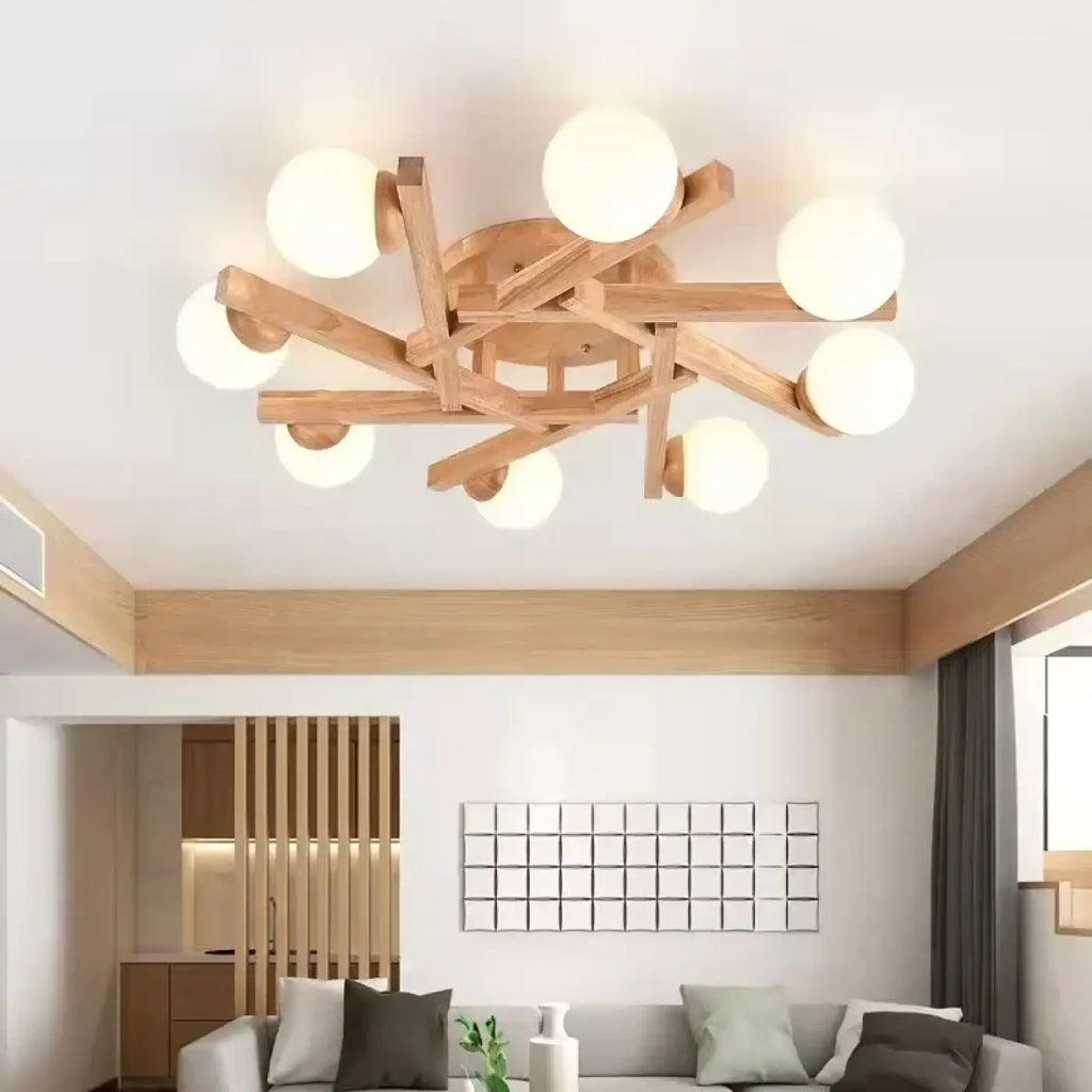 Plafonnier scandinave en bois à globes blancs, tailles S à L