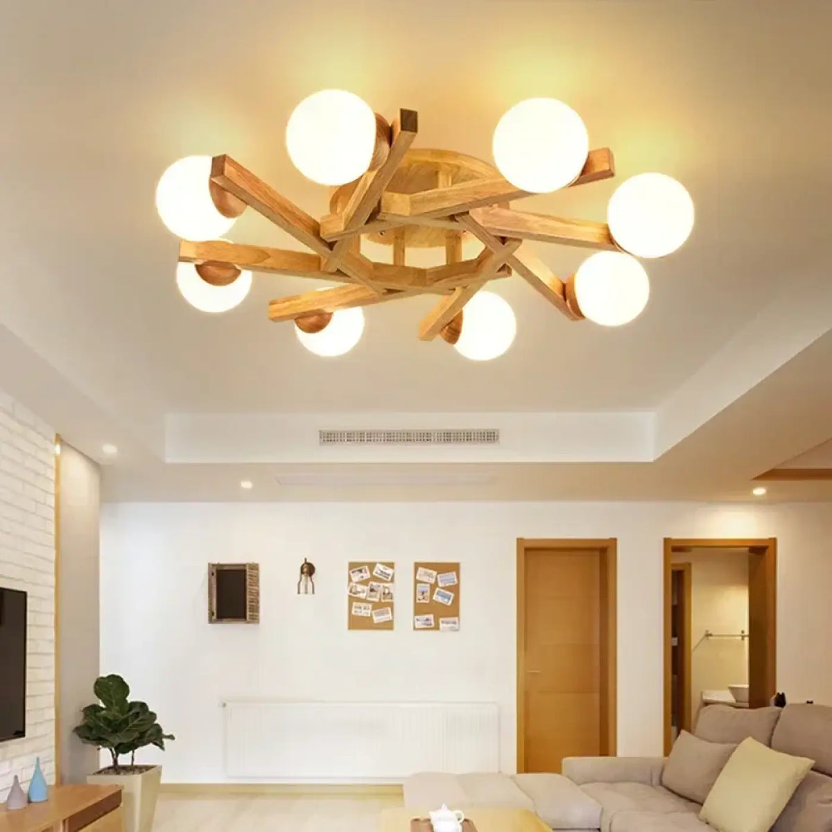 Plafonnier scandinave en bois à globes blancs, tailles S à L