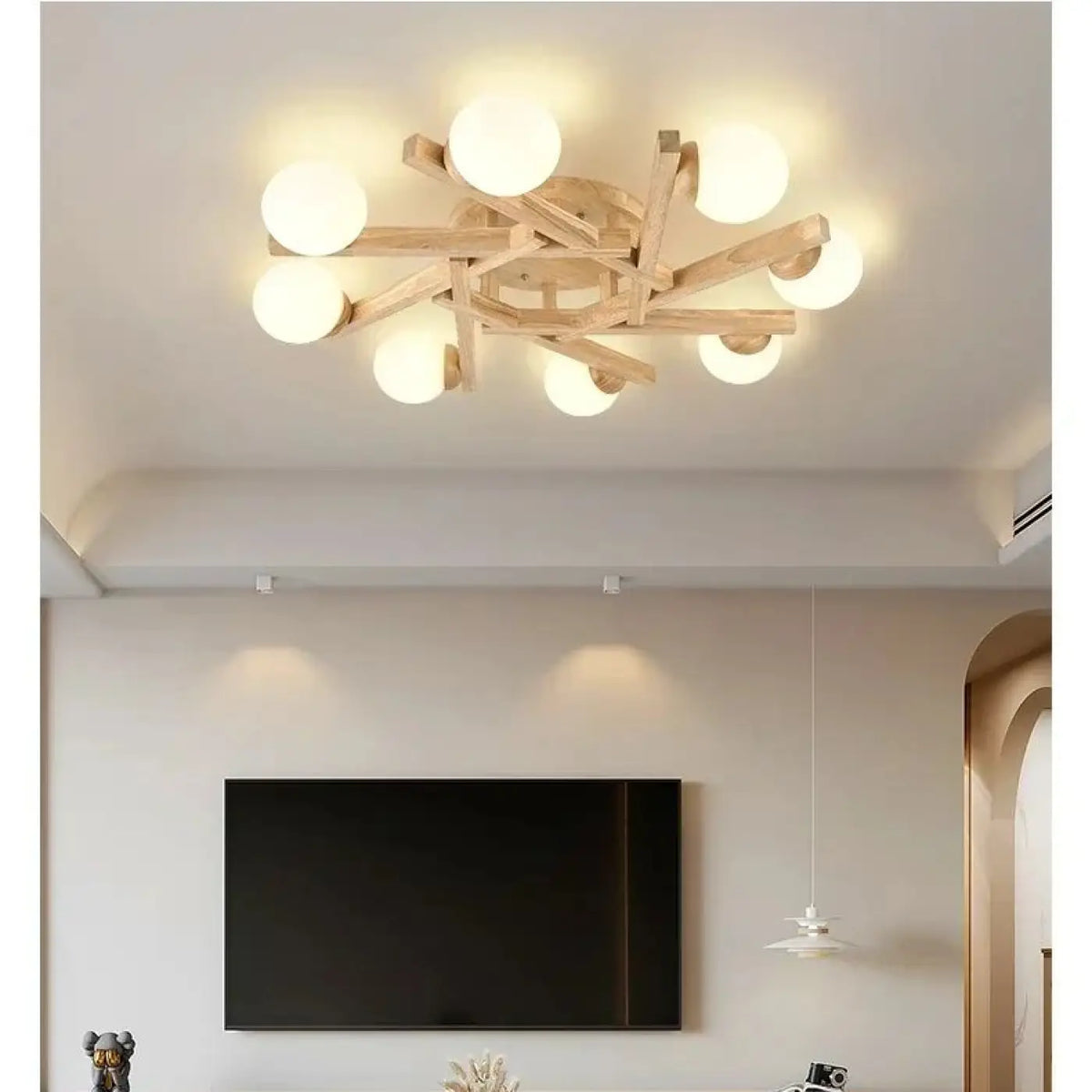 Plafonnier scandinave en bois à globes blancs, tailles S à L, beige