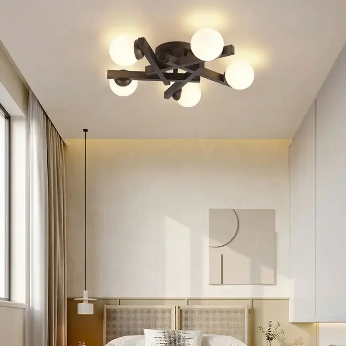 Plafonnier scandinave en bois à globes blancs, tailles S à L, marron