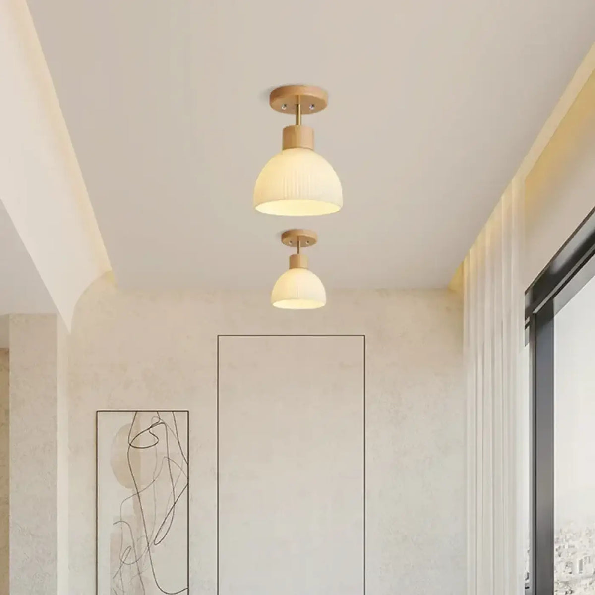Plafonnier scandinave en bois et verre opalin blanc, beige