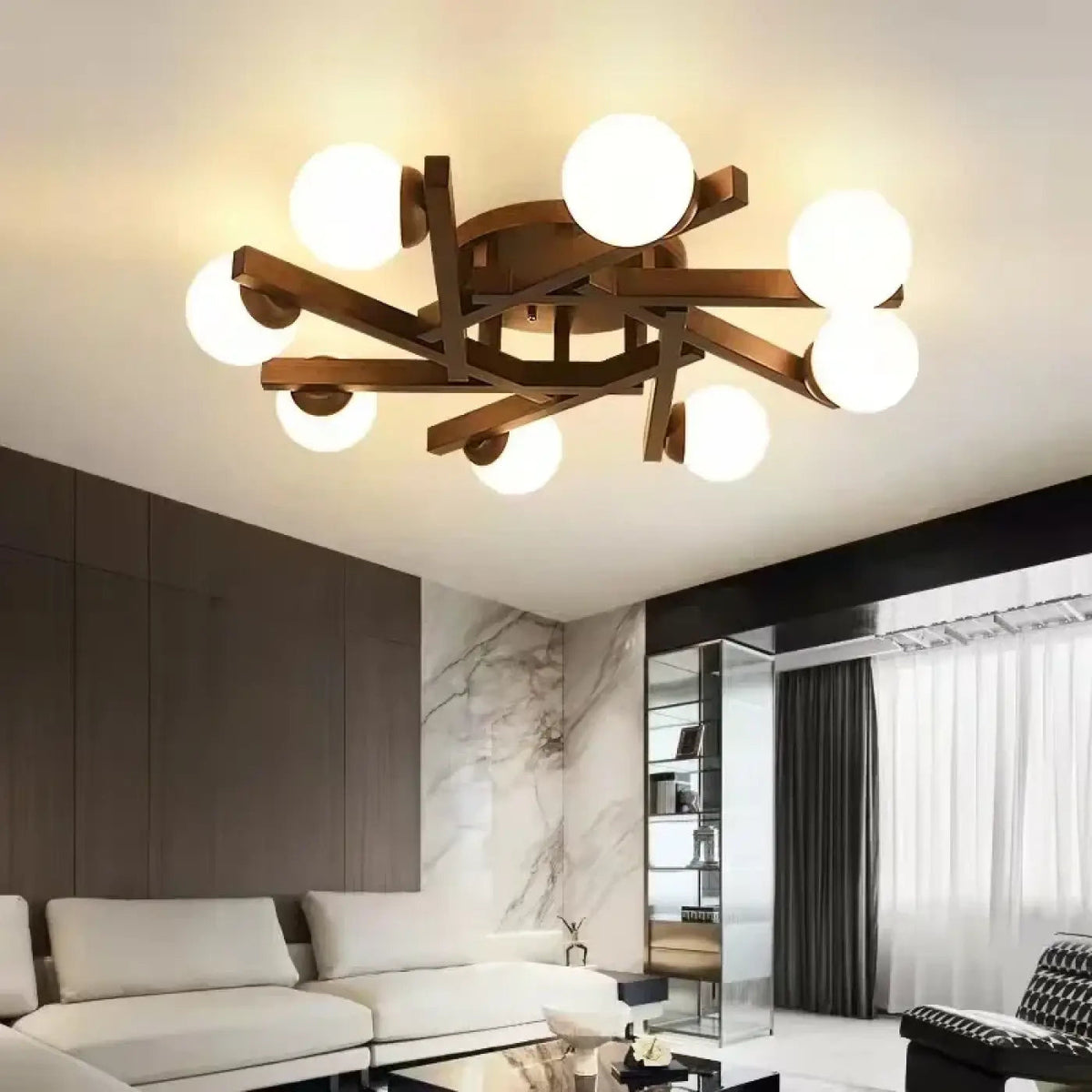 Plafonnier scandinave en bois à globes blancs, tailles S à L, marron