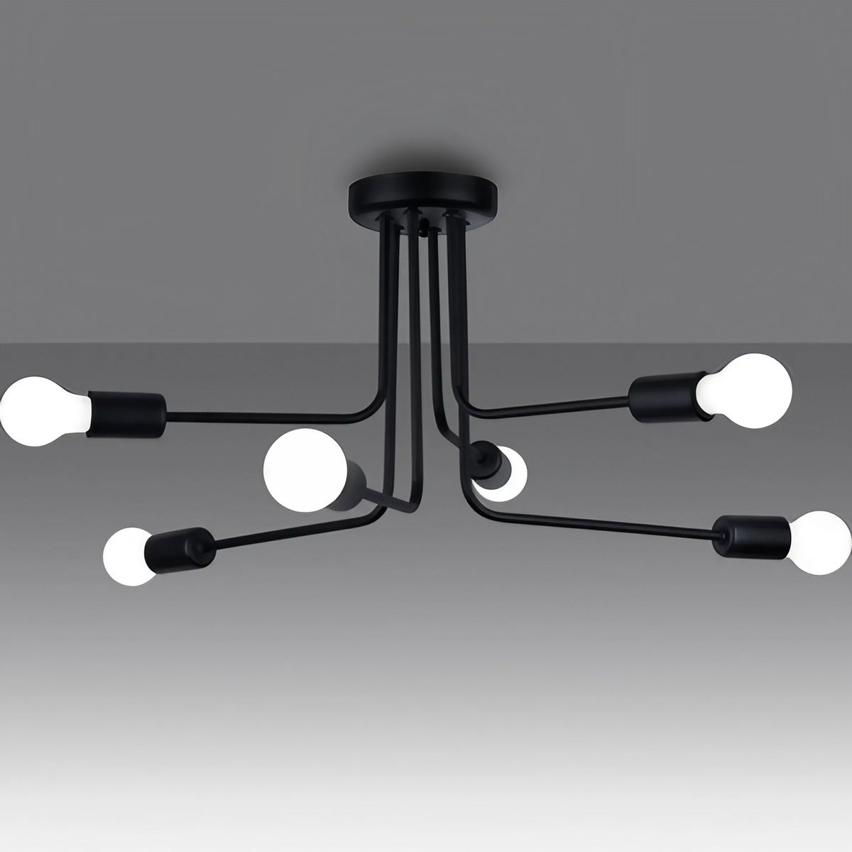 Plafonnier 6 bras en acier noir, ampoules apparentes, 68 cm