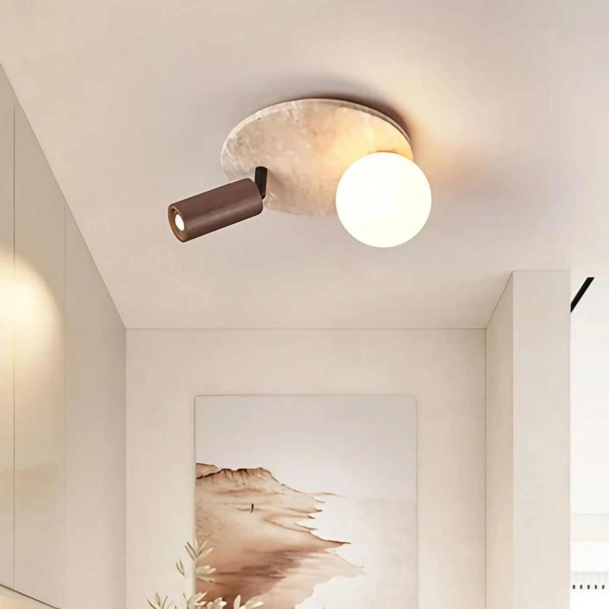 Plafonnier spot orientable, verre opalin et bois, beige ou marron, marron