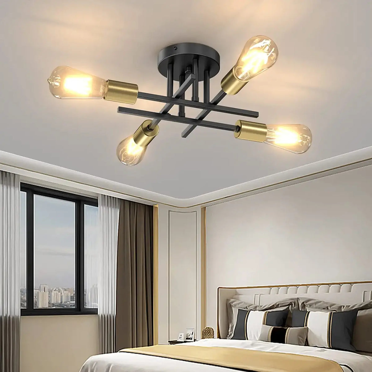 Plafonnier loft à tubes croisés et ampoules, noir ou doré
