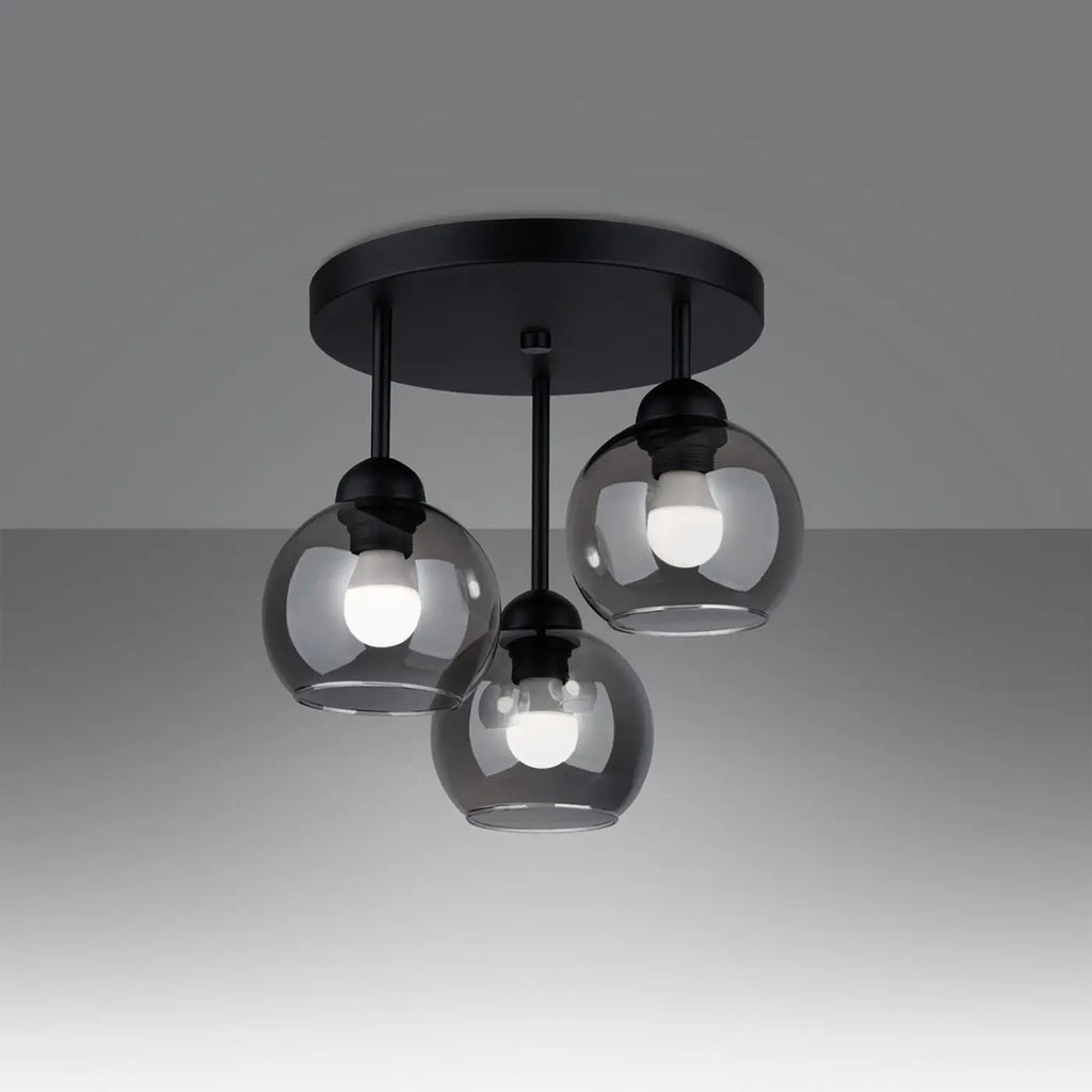 Plafonnier noir à 3 globes en verre fumé, 35 cm
