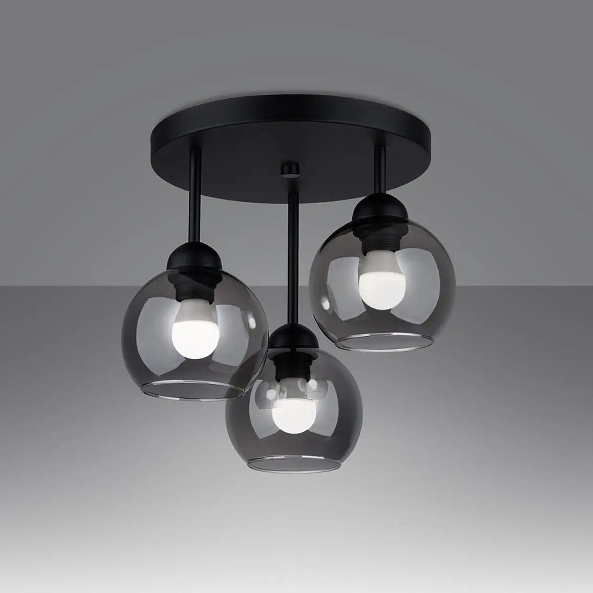 Plafonnier noir à 3 globes en verre fumé, 35 cm