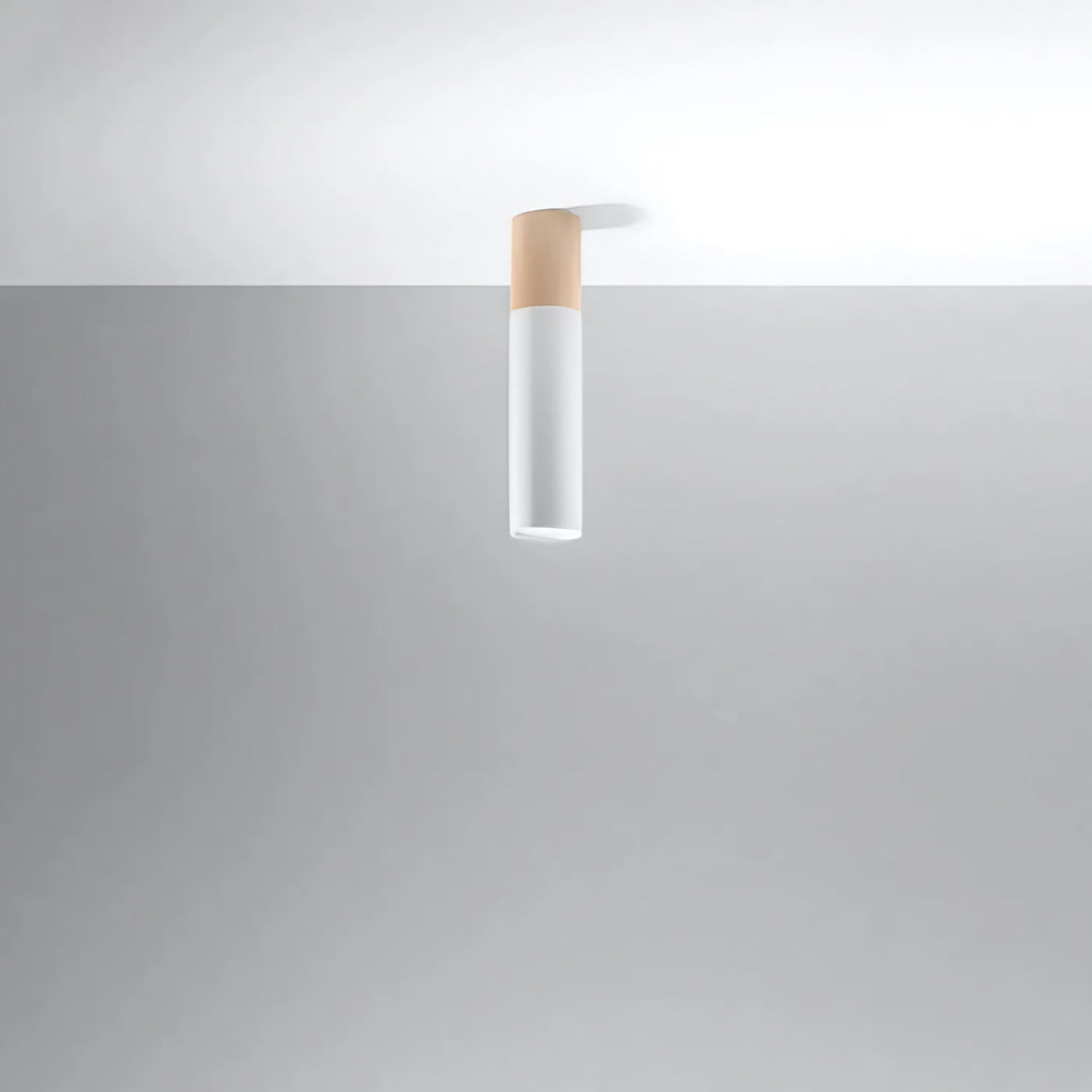 Plafonnier tube en acier et manchon en bois naturel, GU10, blanc/bois naturel