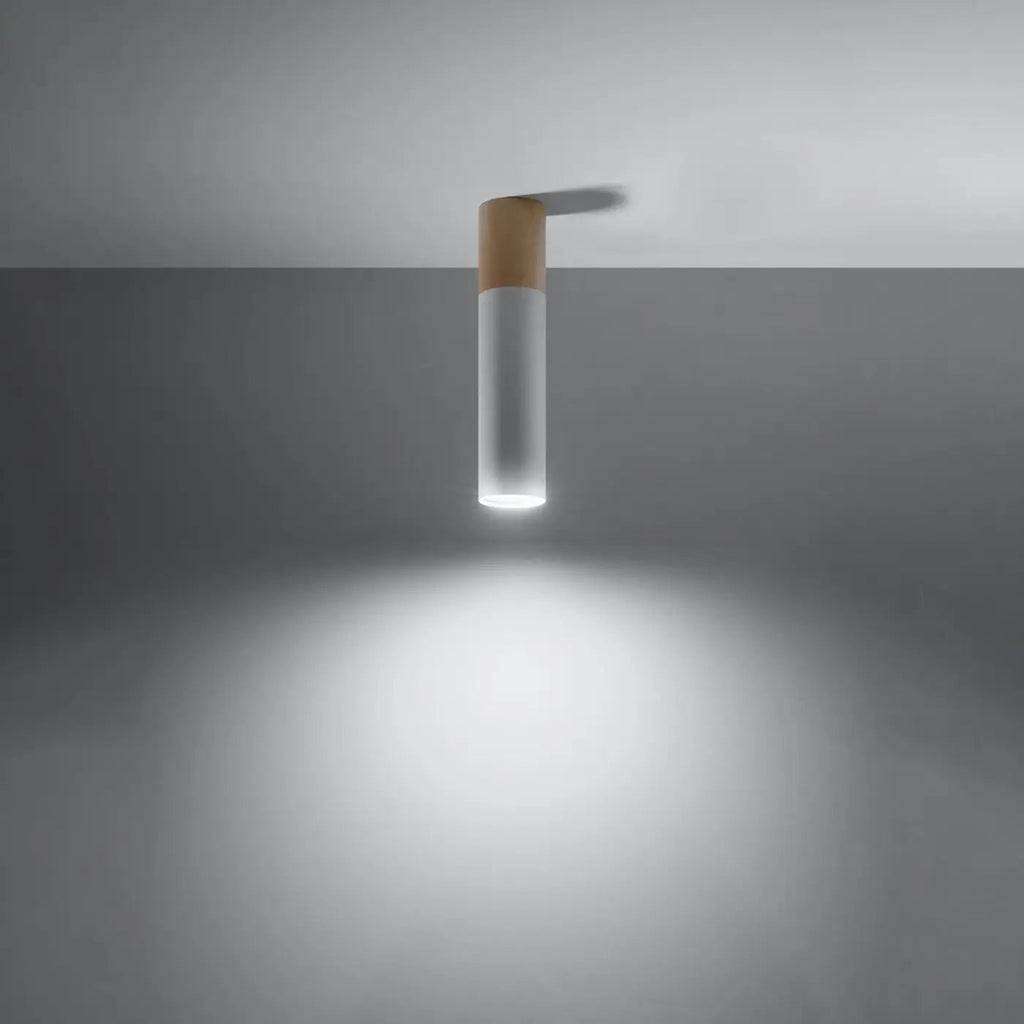 Plafonnier tube en acier et manchon en bois naturel, GU10