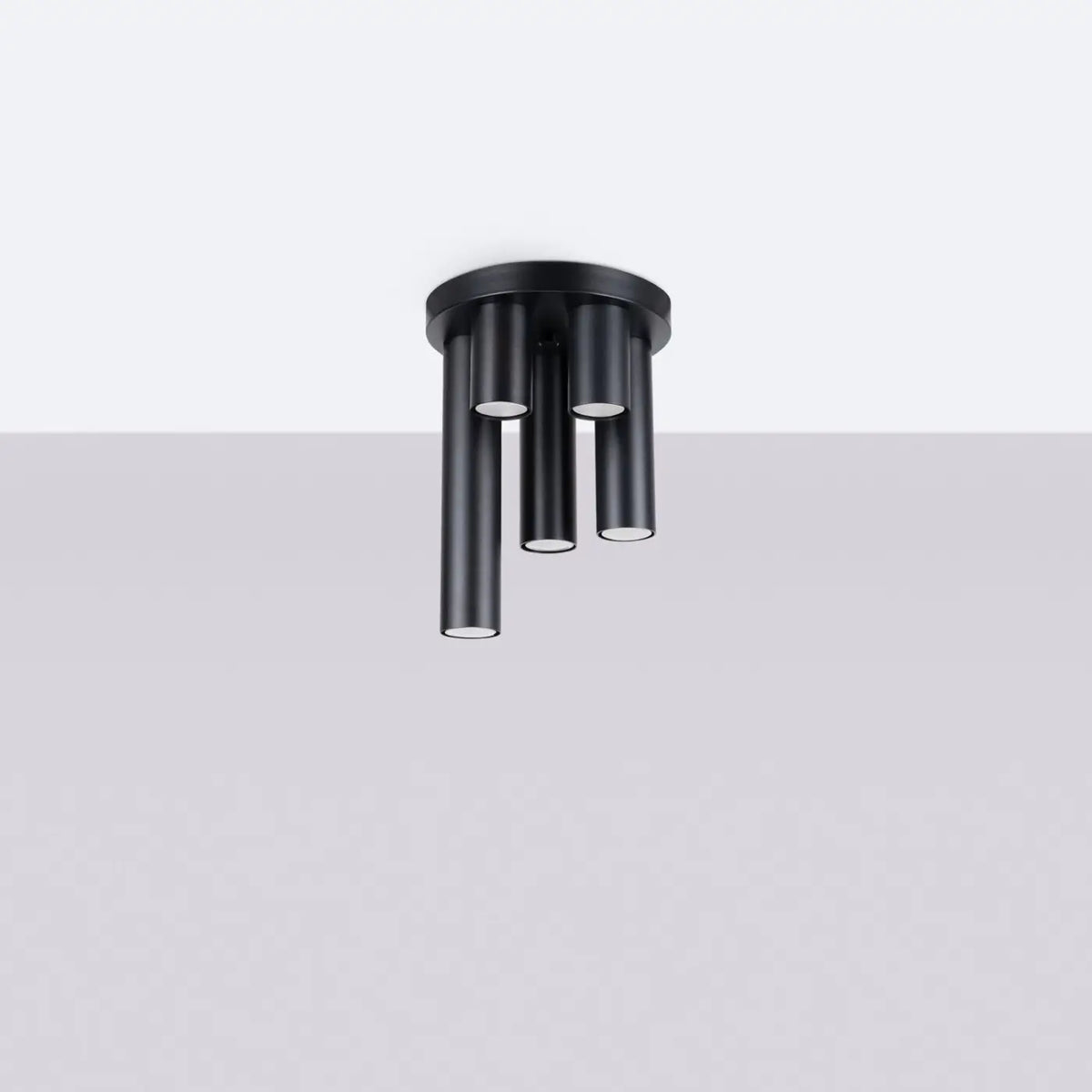 Plafonnier tube en acier lisse, seul ou par 3 ou 5 sur rosace, noir